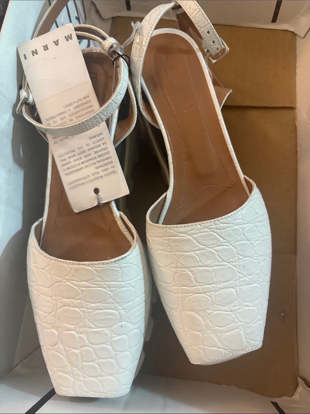 🏷️NWT💎 MARNI Croc Embossed White Leather Platform Slingback Sandals 38-38.5